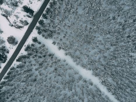 Snow-blanketed forest and road in Hacıkadem, Turkey, captured from above.