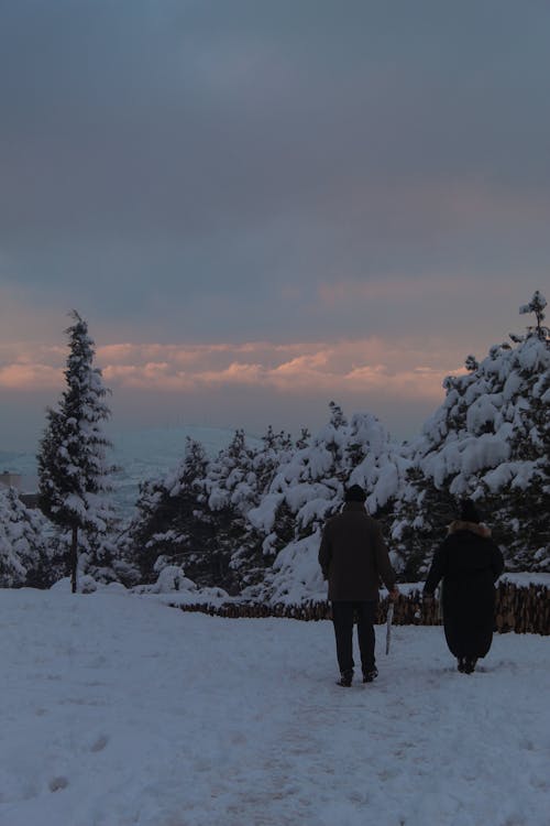 Back View of a Couple Walking on a Snow Covered Ground
