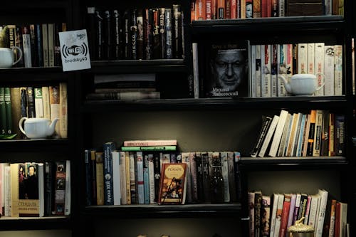 A Black Wooden Shelves With Books