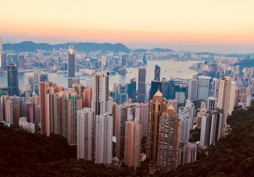 Breathtaking Kowloon skyline with skyscrapers and harbor at sunset, showcasing Hong Kong's urban beauty.