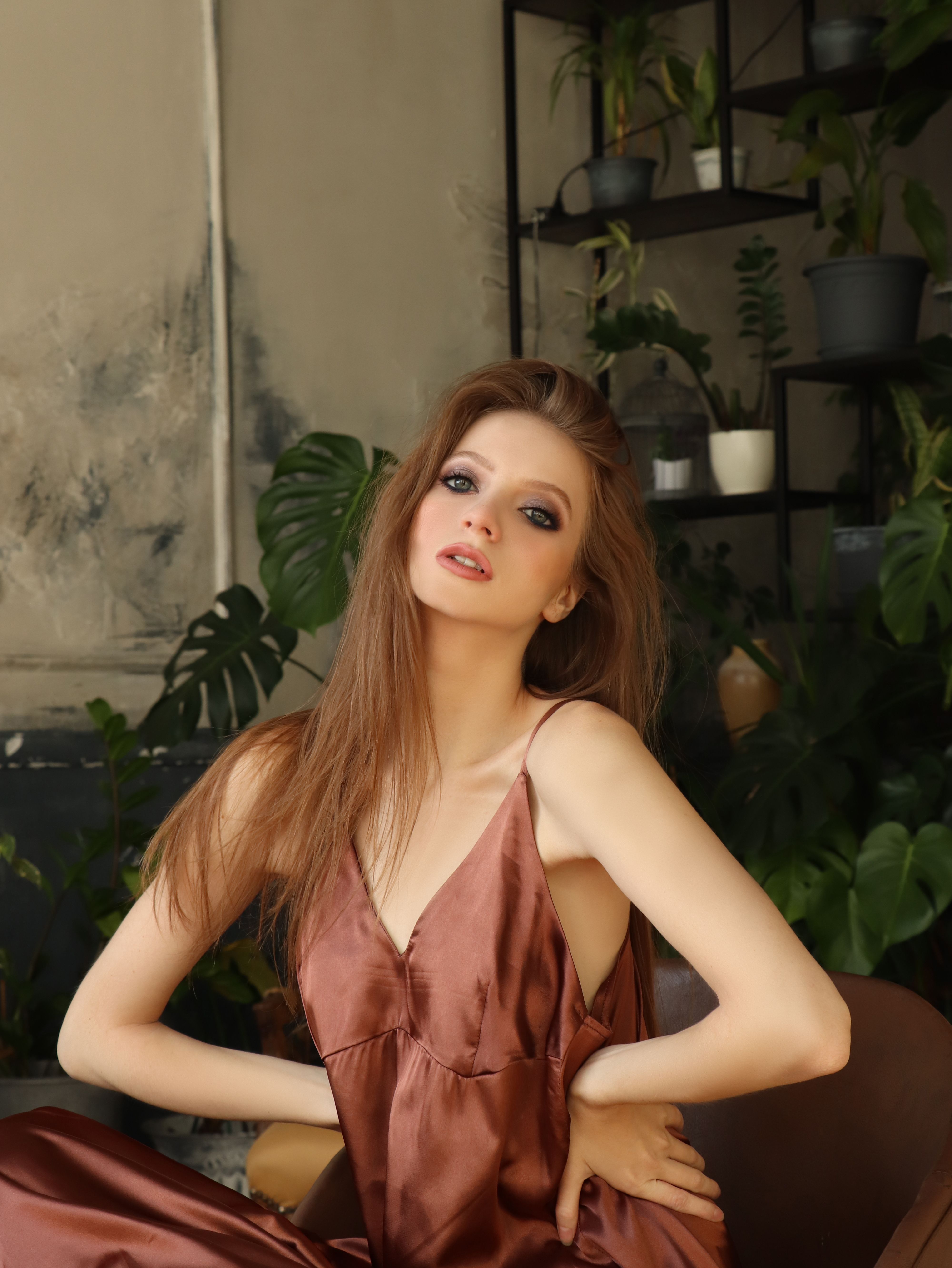 Wine satin slip skirt with gray sweater