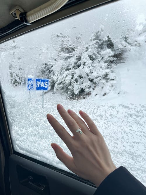 Person's Hand on Vehicle Window With View of Snow Covered Ground