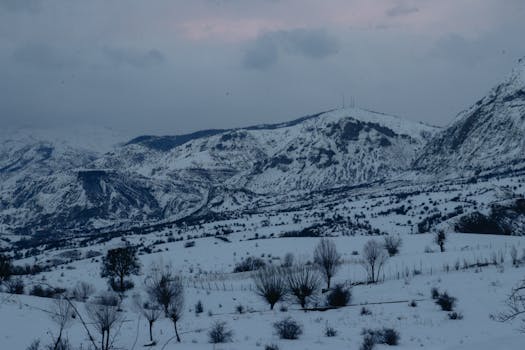 Serene snowy mountains with a vast landscape at dusk, showcasing winter beauty.