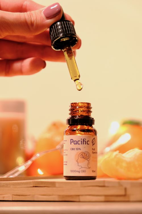 Free Close-up view of a hand holding a CBD serum dropper over a pacific labeled bottle. Stock Photo