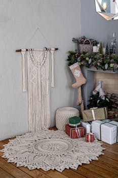 A beautifully decorated living room with Christmas gifts and handmade decor, perfect for a warm holiday atmosphere.
