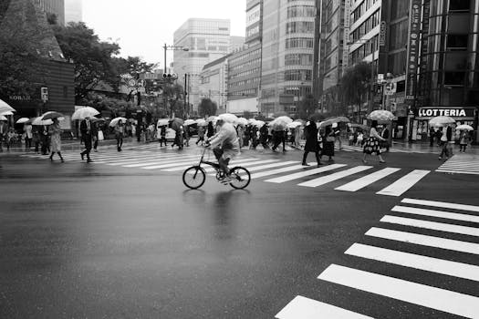 Monochrome view of people using umbrellas while crossing a street in rainy Tokyo.
