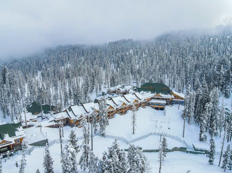 Beautiful aerial view of a snow-covered resort surrounded by a foggy forest in winter.