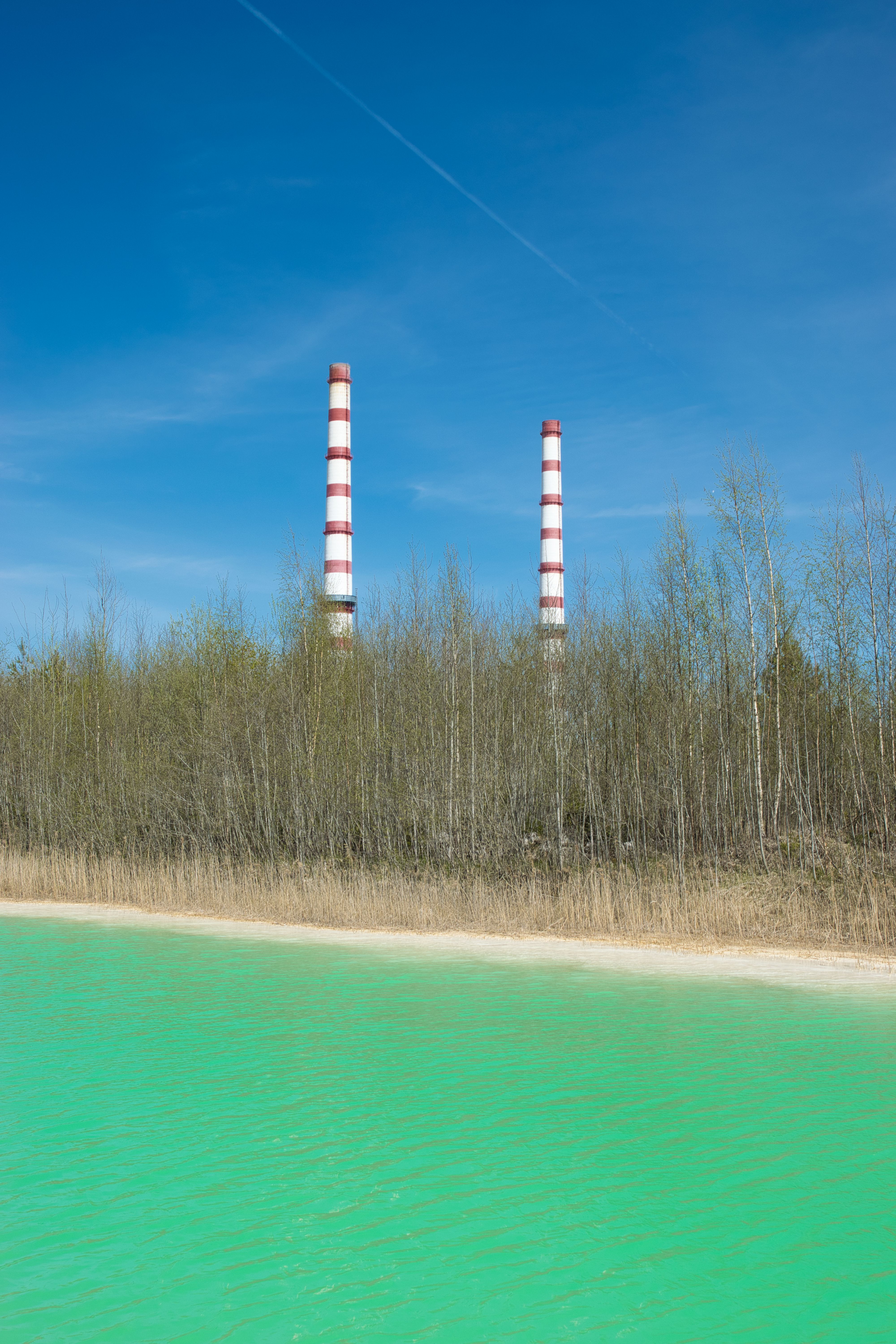 Peaceful scene with vibrant green lake, tall grass, and factory chimneys under a clear blue sky.