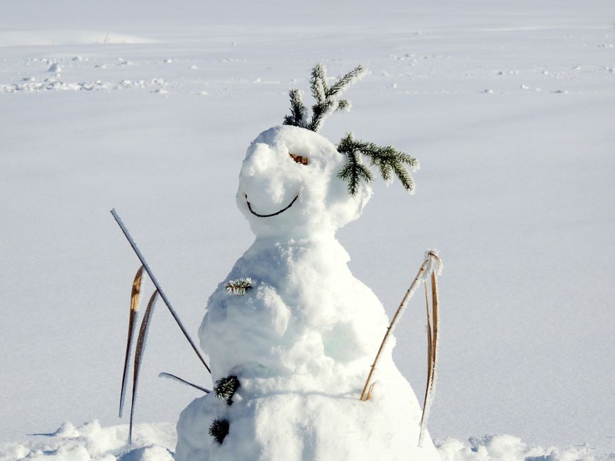 A cheerful snowman in a snow-covered field on a sunny winter day at Walchsee, Austria.