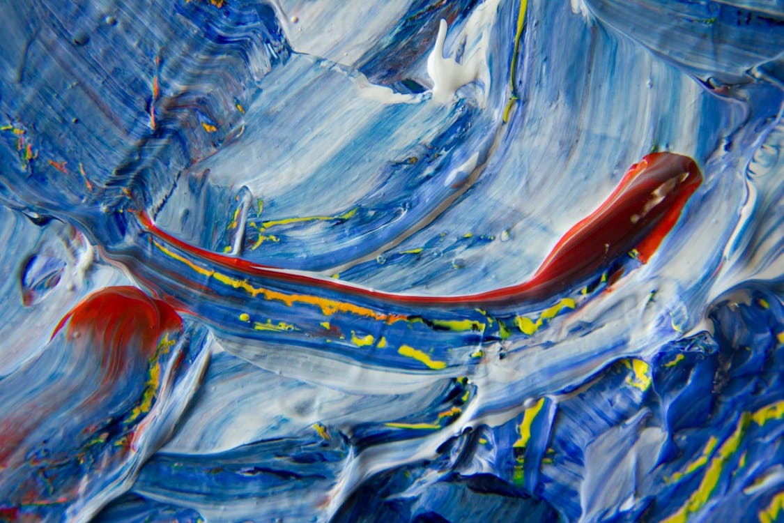 Lukisan Abstrak Biru, Kuning, Dan Merah