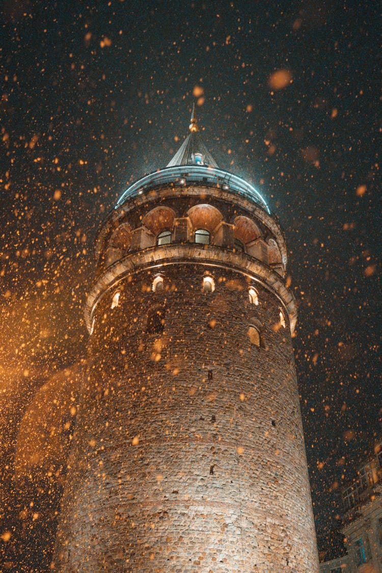 Low Angle View Of Galata Tower In Snow 