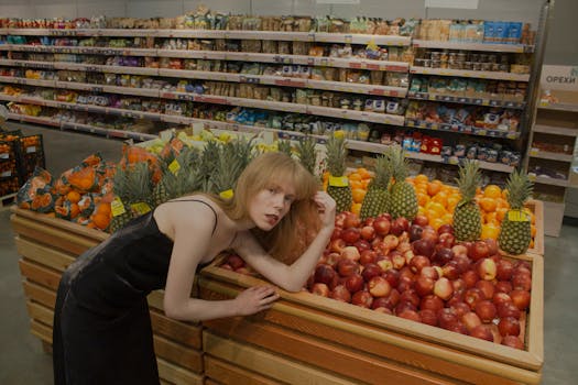 A woman in a black dress posing elegantly among diverse fruits in a grocery store.