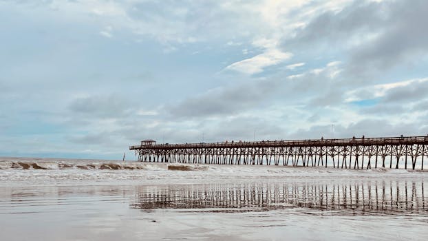 Peaceful Myrtle Beach scene with wooden pier at the seashore.