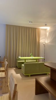 Contemporary indoor dining space featuring a green sofa and wooden furniture in Sankt-Peterburg, Russia.