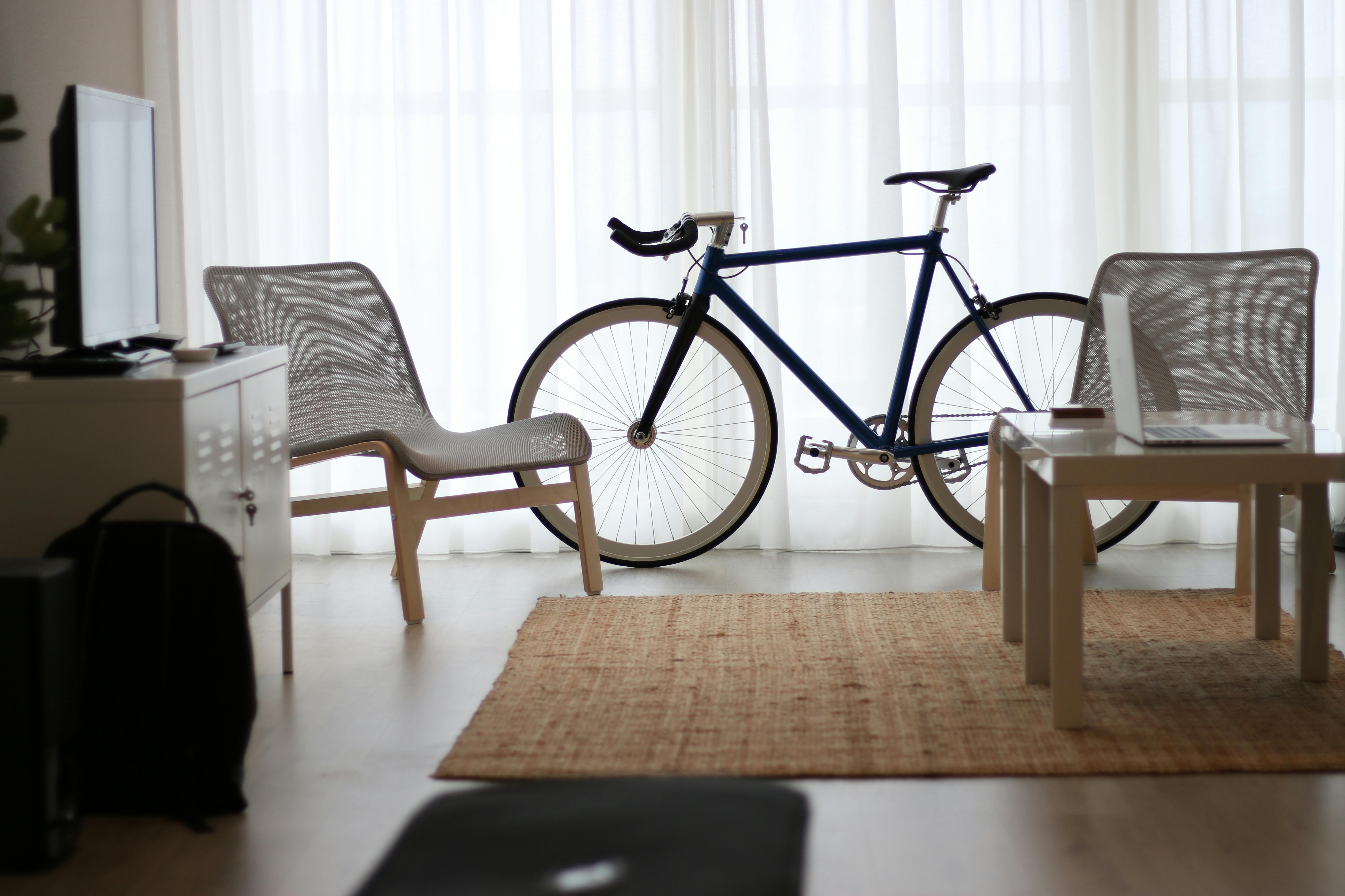 Cozy living room interior with a bicycle by the window, highlighting modern decor.