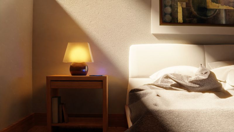 Bedside lamp lighting a made bed, photo by Yusuf P on Pexels