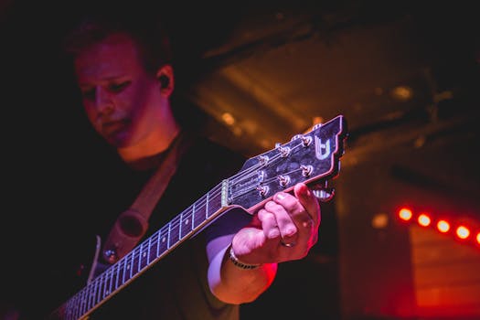 Guitarist on stage during a live performance with ambient stage lights.
