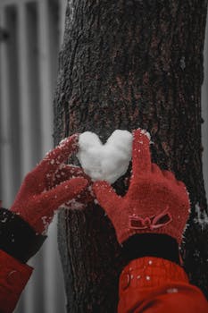 Hands in red gloves forming a heart shape with snow against a tree trunk in winter.