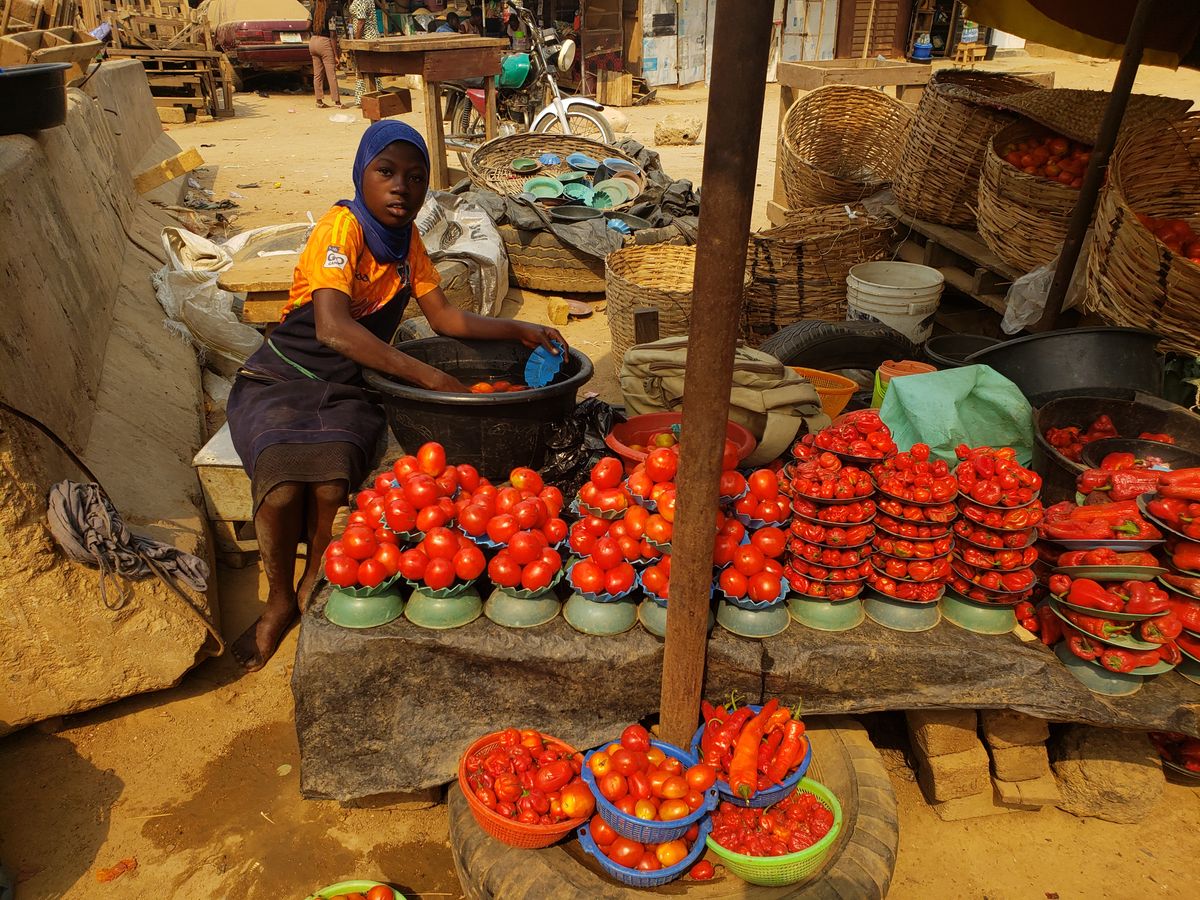 Market stall in Pakuro, Nigeria, where small traders keep working cash