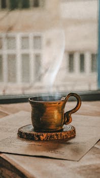 A rustic coffee cup steaming by a window, creating a cozy ambiance.