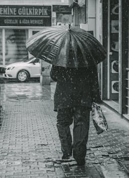Black and white photo of a person walking with an umbrella on a rainy city street.