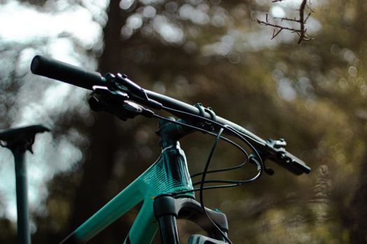 Detailed close-up of a mountain bike handlebar in a natural outdoor setting.