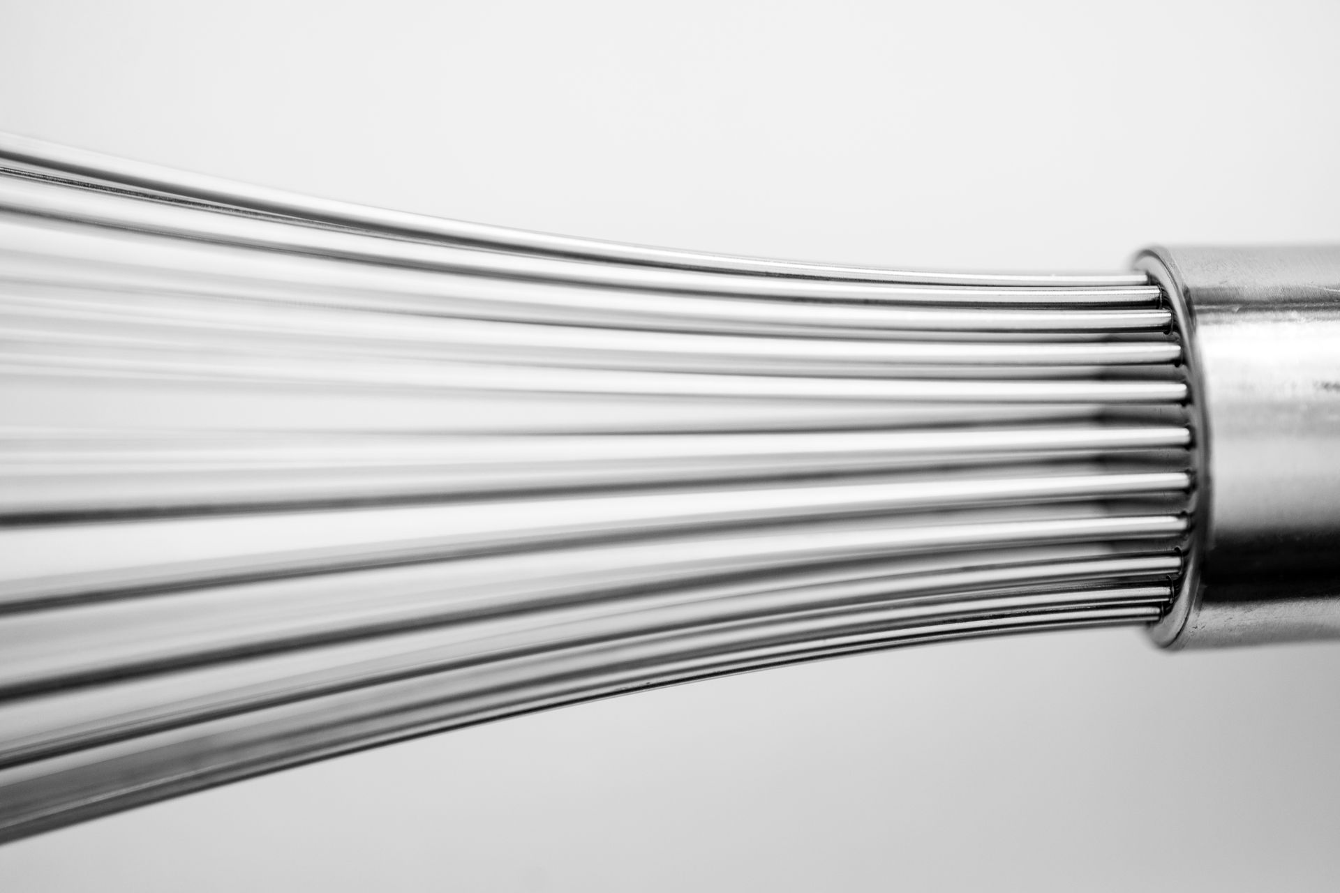 Black and white close-up of stainless steel whisk wires on a white background.