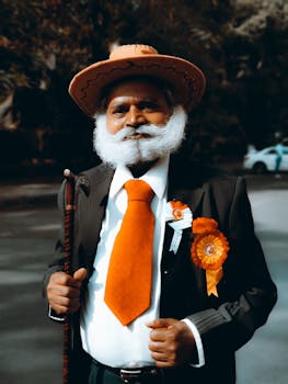 Senior gentleman in formal suit with bright orange accessories and a hat, posing outdoors.
