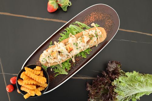 Free Top view of a deliciously plated gourmet sandwich with side of crinkle fries. Stock Photo