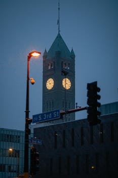 Illuminated clock tower in downtown cityscape at night, capturing urban evening ambiance.