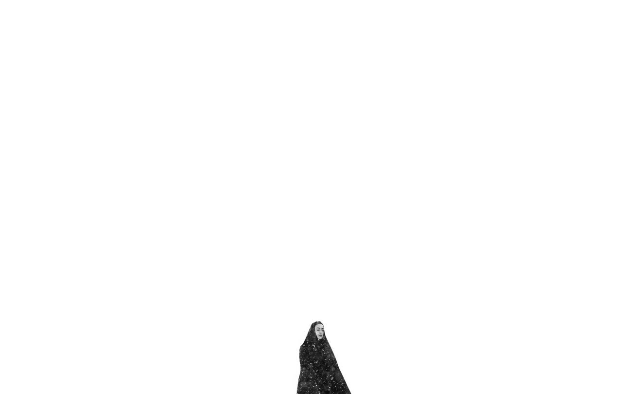 a woman walks alone in a snowy landscape creating a stark minimalistic