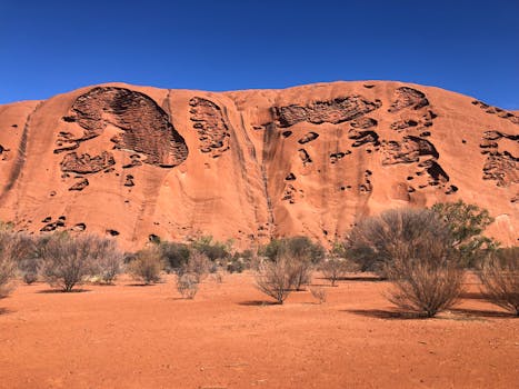 Breathtaking view of the red sandstone Uluru rock formation in Australia's arid desert landscape.