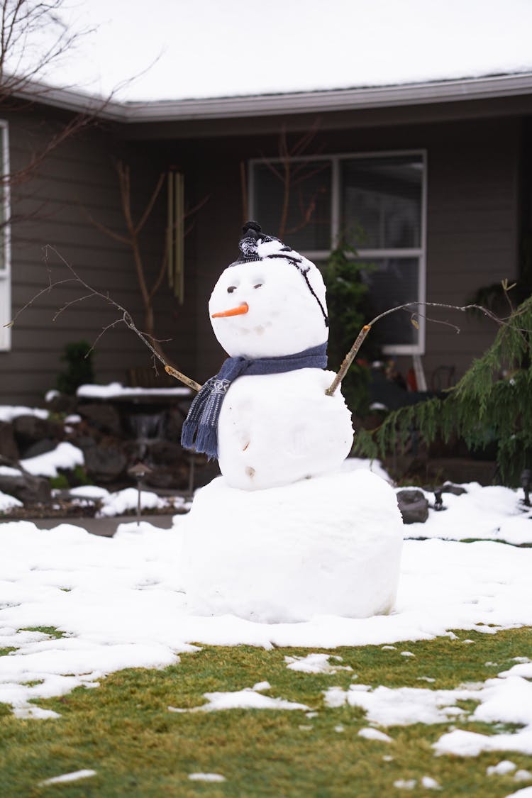 Snowman In Blue Scarf On Backyard Of House