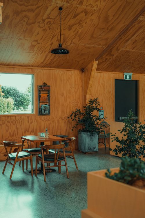 Free Warm and inviting cafe interior featuring wooden furniture, plants, and soft lighting. Stock Photo