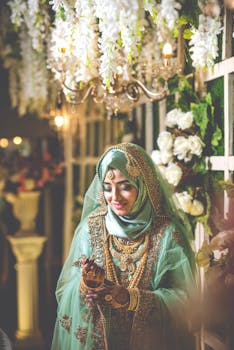 Captivating South Asian bride in a green dress with gold jewelry, surrounded by floral decorations.