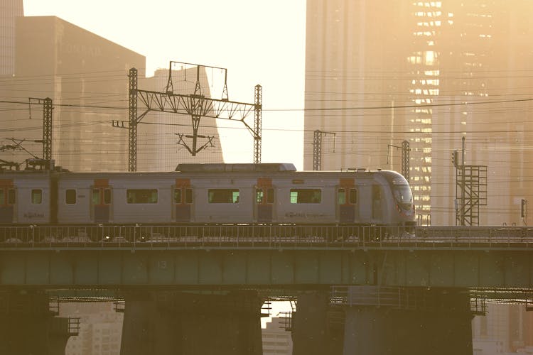 Train On A Bridge In City 