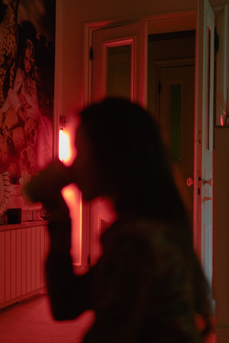 Silhouette Of Woman Drinking In Red Light Room