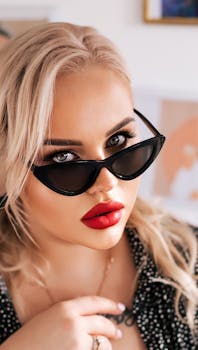 Elegant blonde woman wearing black sunglasses and red lipstick, showcasing a modern fashion look.