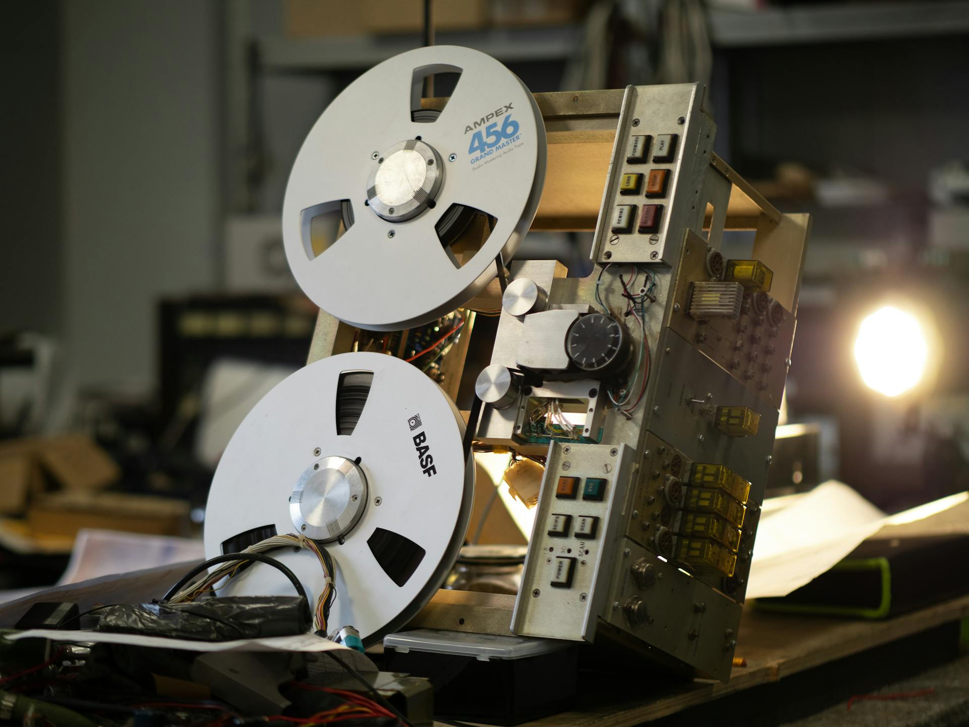 Close-up of a classic reel-to-reel tape recorder in a vintage recording studio setting.