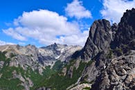 蔚蓝的天空下，雄伟的山脉、岩石山峰和充满活力的绿色山谷交相辉映