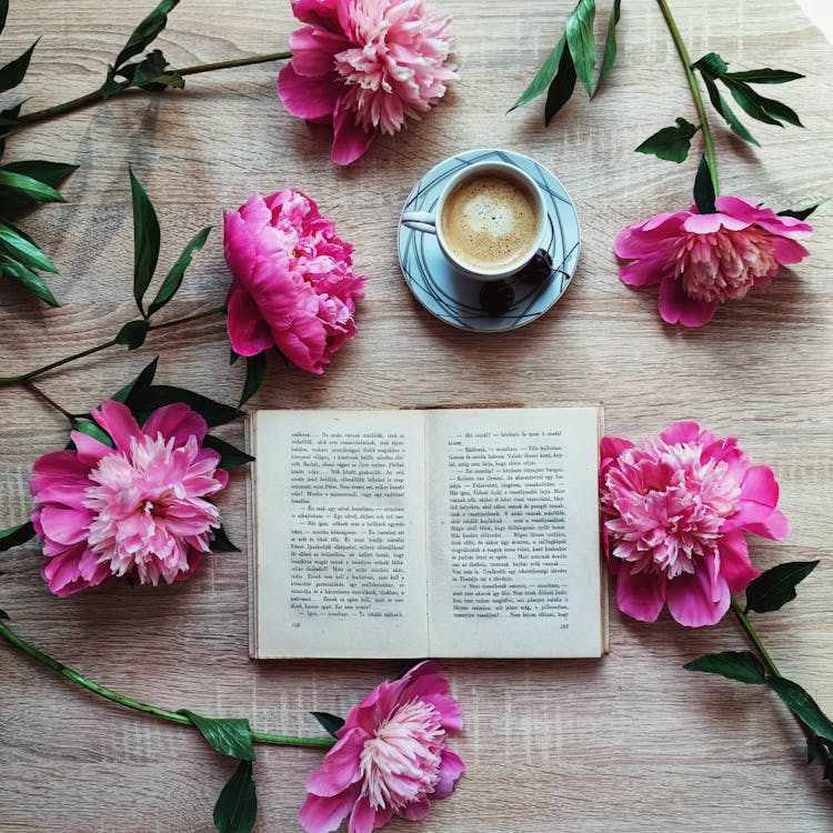 Pink Peonies Open Book And Cup Of Coffee