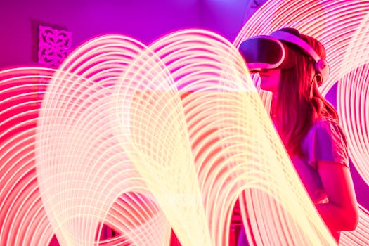 Woman wearing VR glasses surrounded by vibrant neon light trails for a futuristic experience.