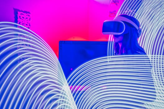 A woman immersed in virtual reality wearing VR glasses under colorful neon lights.