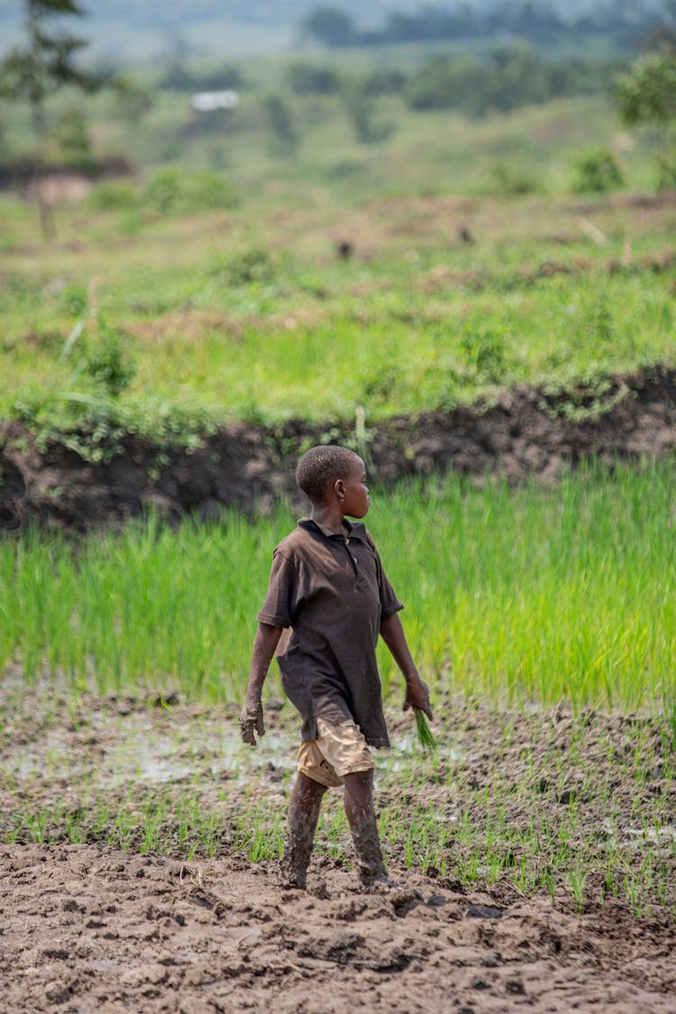 Boy Walking In Mud On Field