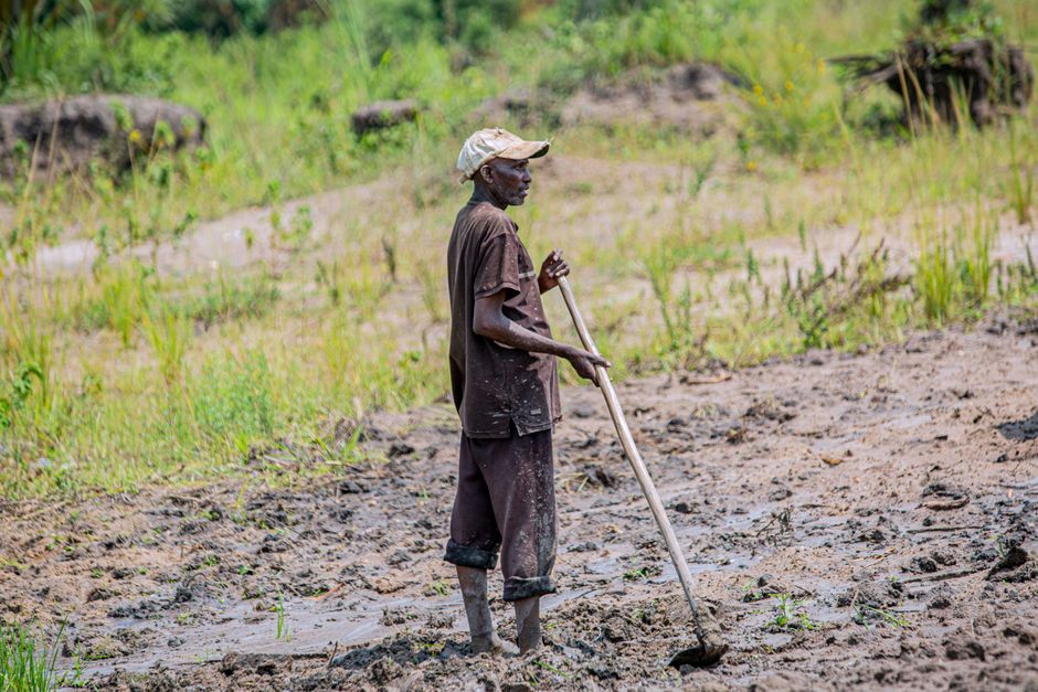 A farmer breaking and working the soil with a hand hoe during the dry season, preparing the ground before the rains.