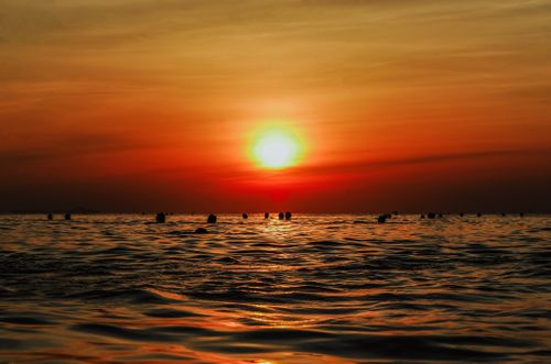 Free A breathtaking sunset over the ocean with silhouettes of swimmers in the water, creating a serene atmosphere. Stock Photo