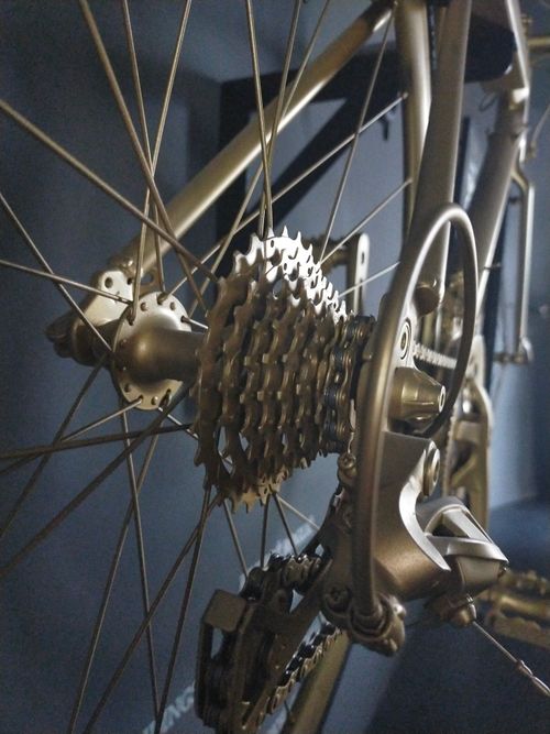 Free Detailed view of a bicycle's gear and chain with metallic components. Stock Photo