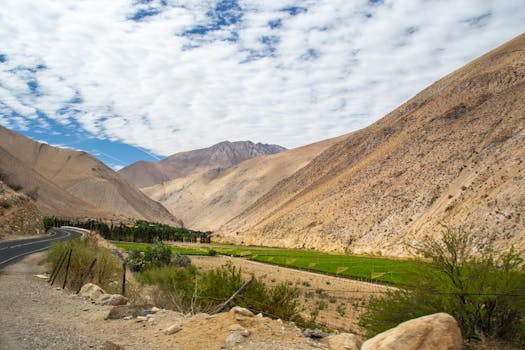 Breathtaking valley in Pisco Elqui, Chile with brown mountains and green fields under a cloud-dappled sky.
