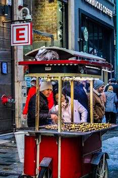 Street vendor selling roasted chestnuts in a lively urban area with people passing by.