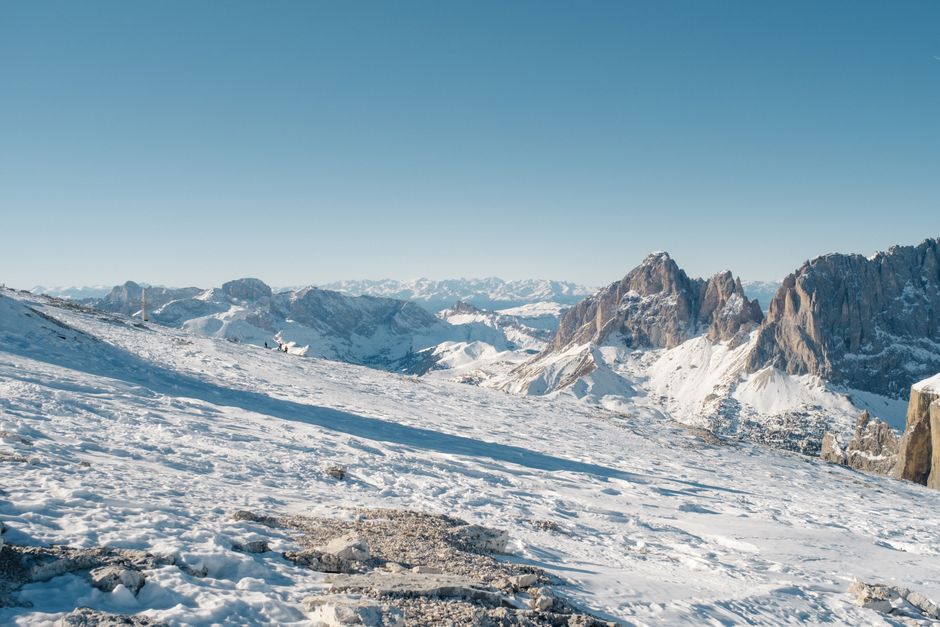 Breathtaking view of winter landscapes in the Dolomites with clear skies.